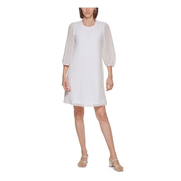 NWT CALVIN KLEIN Womens White Swiss Dots Closure Lined 3/4 Sleeve Shift Dress 2 - Picture 1 of 5